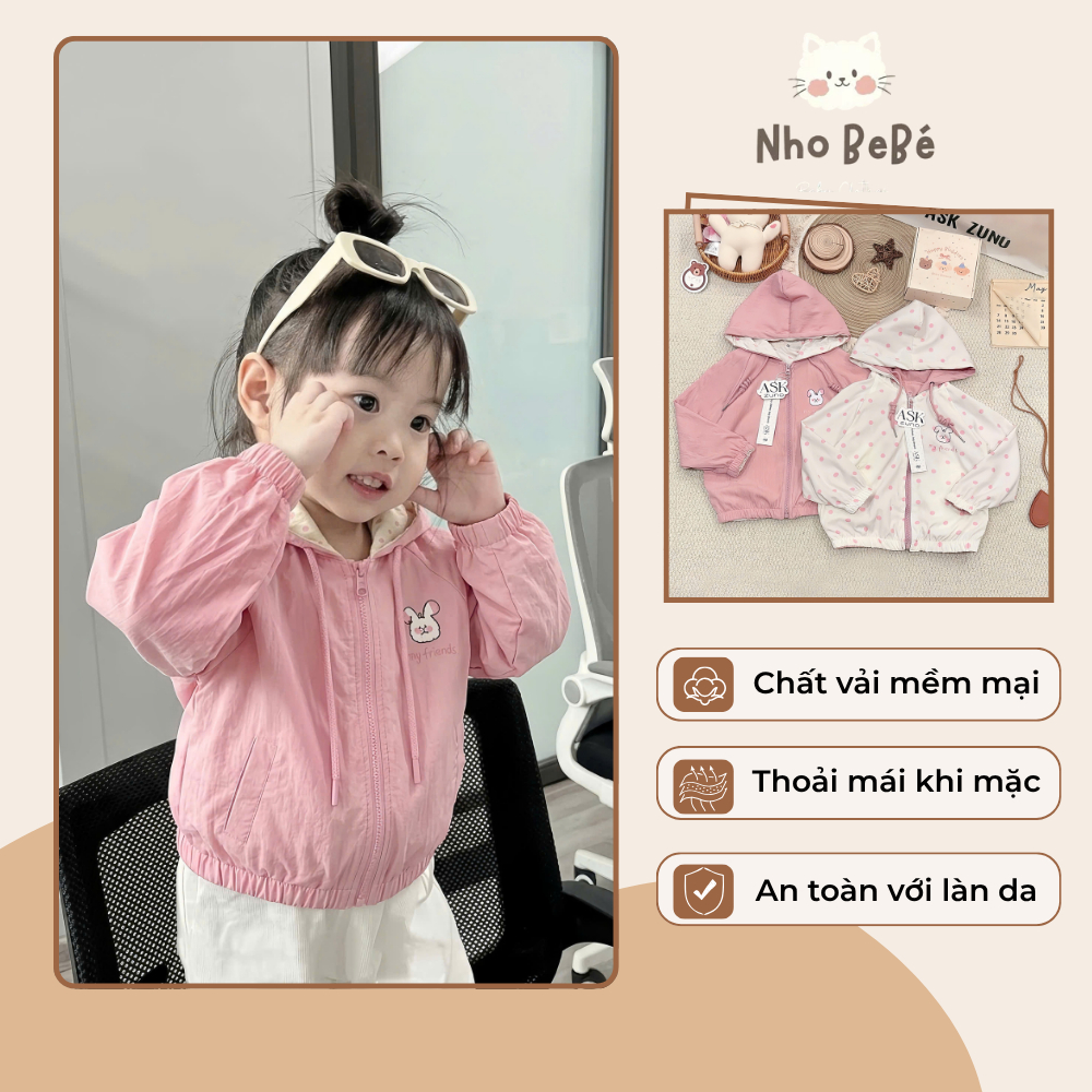 [MUA 1 ĐƯỢC 2] Áo Khoác Gió 2 Mặt Cho Bé Gái ASK ZUNO, Áo Chống Nắng Chống Gió Có Mũ Họa Tiết Chấm B