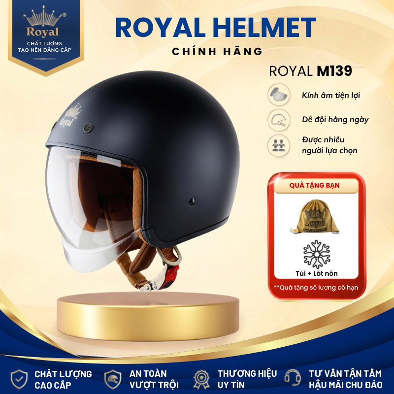 Mũ Bảo Hiểm 3/4 Đầu Royal M139 Kính Âm Chính Hãng, Nón Bảo Hiểm Nam Nữ Có Kính Chống Tia UV
