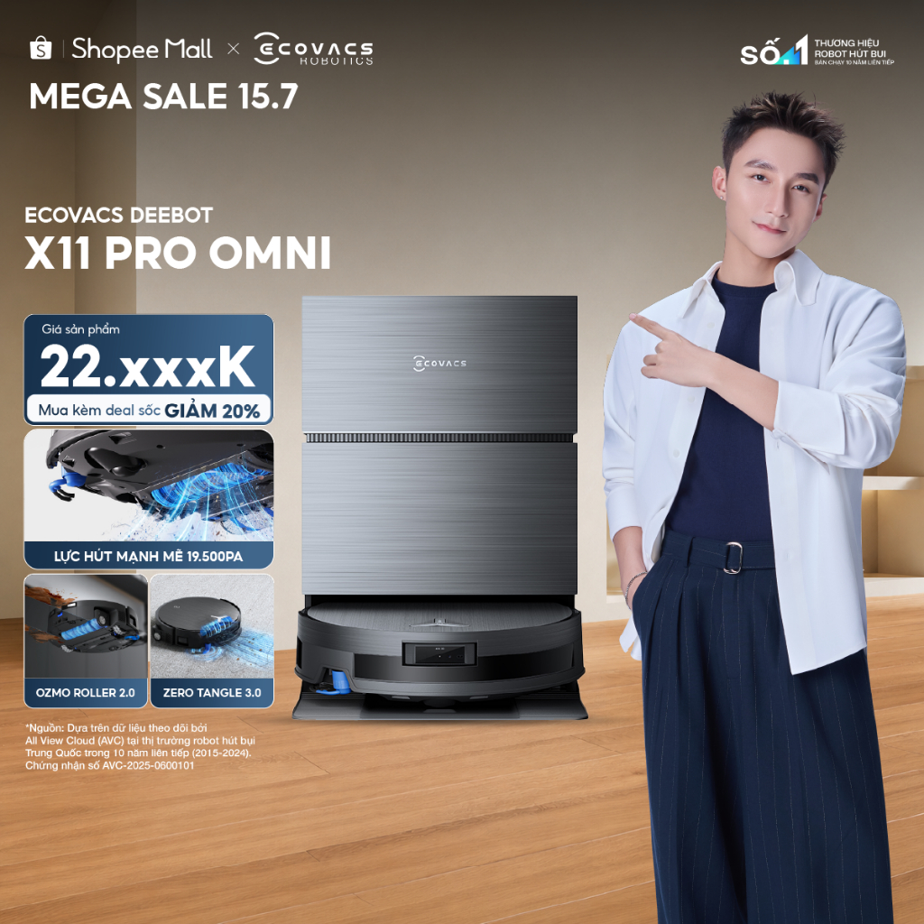Robot hút bụi lau nhà Ecovacs DEEBOT X11 Pro Omni -Lực hút 19.500Pa - Pin 6400mAh - Thiết kế siêu mỏ