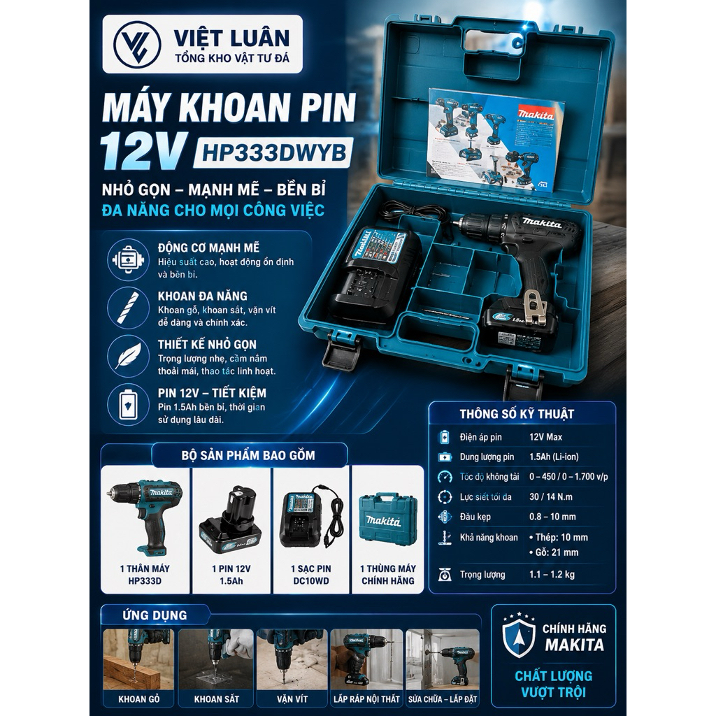 Máy Khoan Pin 12V Makita HP333DWYB Full
