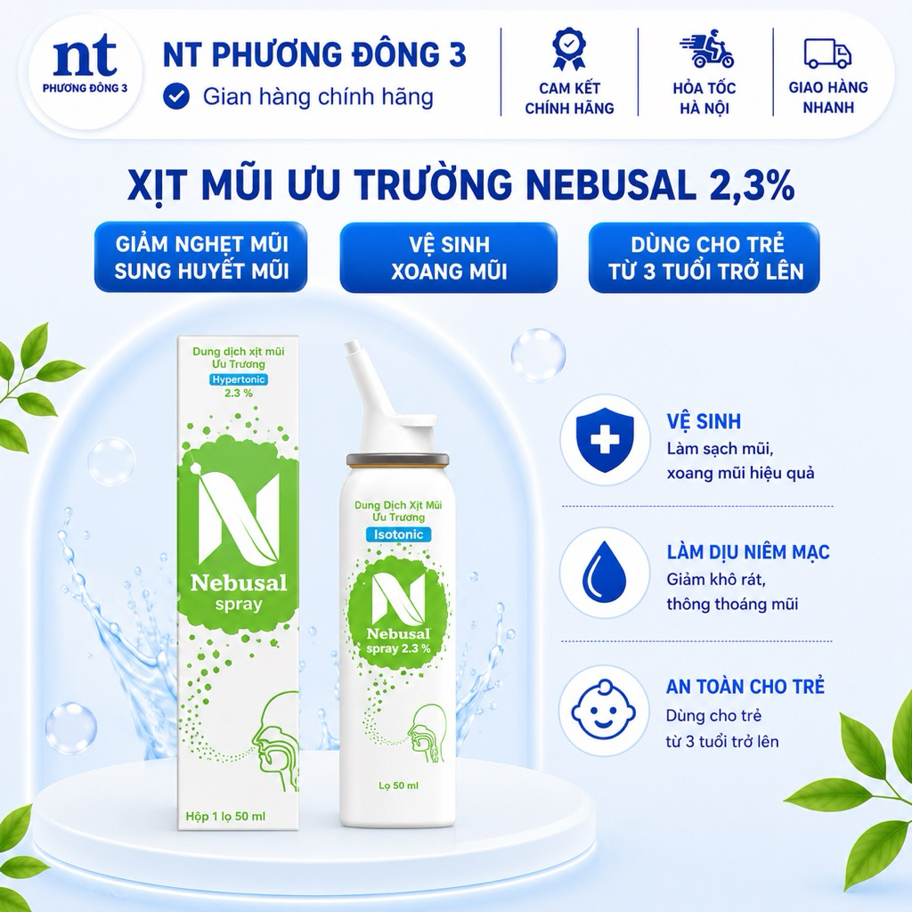 Xịt Mũi NEBUSAL Nước Muối ưu trương 2.3% Kháng Khuẩn Giảm Viêm Mũi Xoang Nghẹt Mũi cho Người Lớn