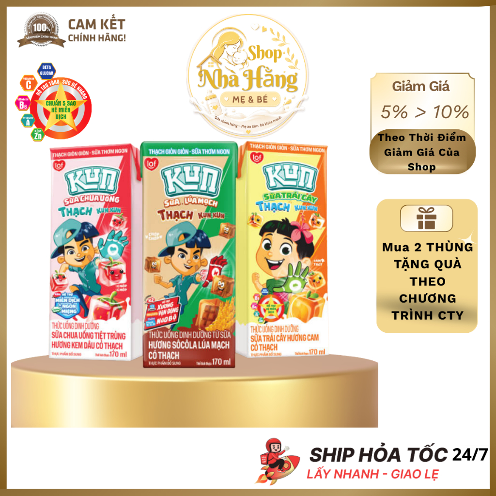 Thùng Sữa  KUN Thạch Vị Dâu / Cam / socola 180ml - Sữa Kun Thạch Dai Giòn Thanh Mát