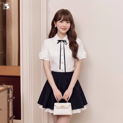 Set bộ Twentyfive gồm áo sơ mi nữ dáng ôm tay ngắn đính hoa AH166 và chân váy xòe 2 tầng CH116 (Tách set)