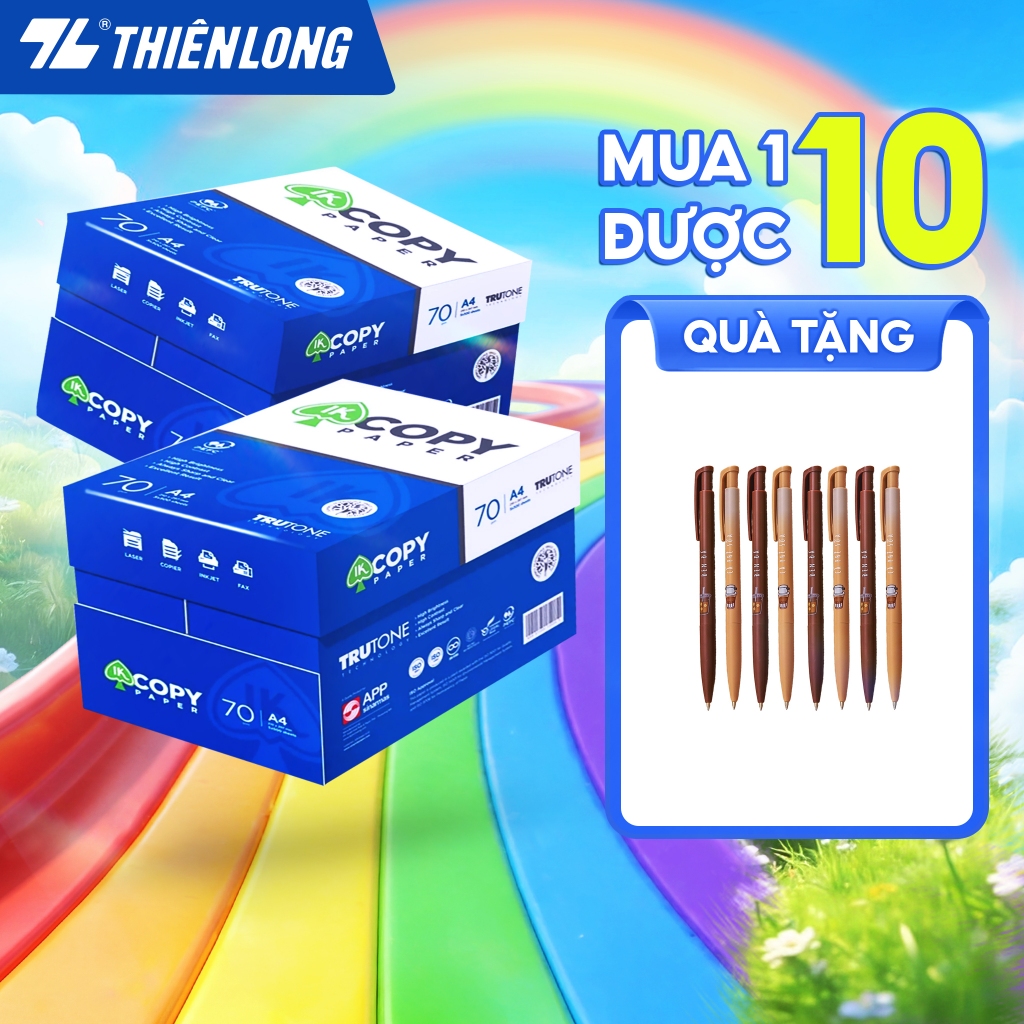 10 ream Giấy in A4 70 gsm, giấy A4 photo IK Copy Paper Thiên Long 500 tờ/ream, đều màu, độ dày cao, 