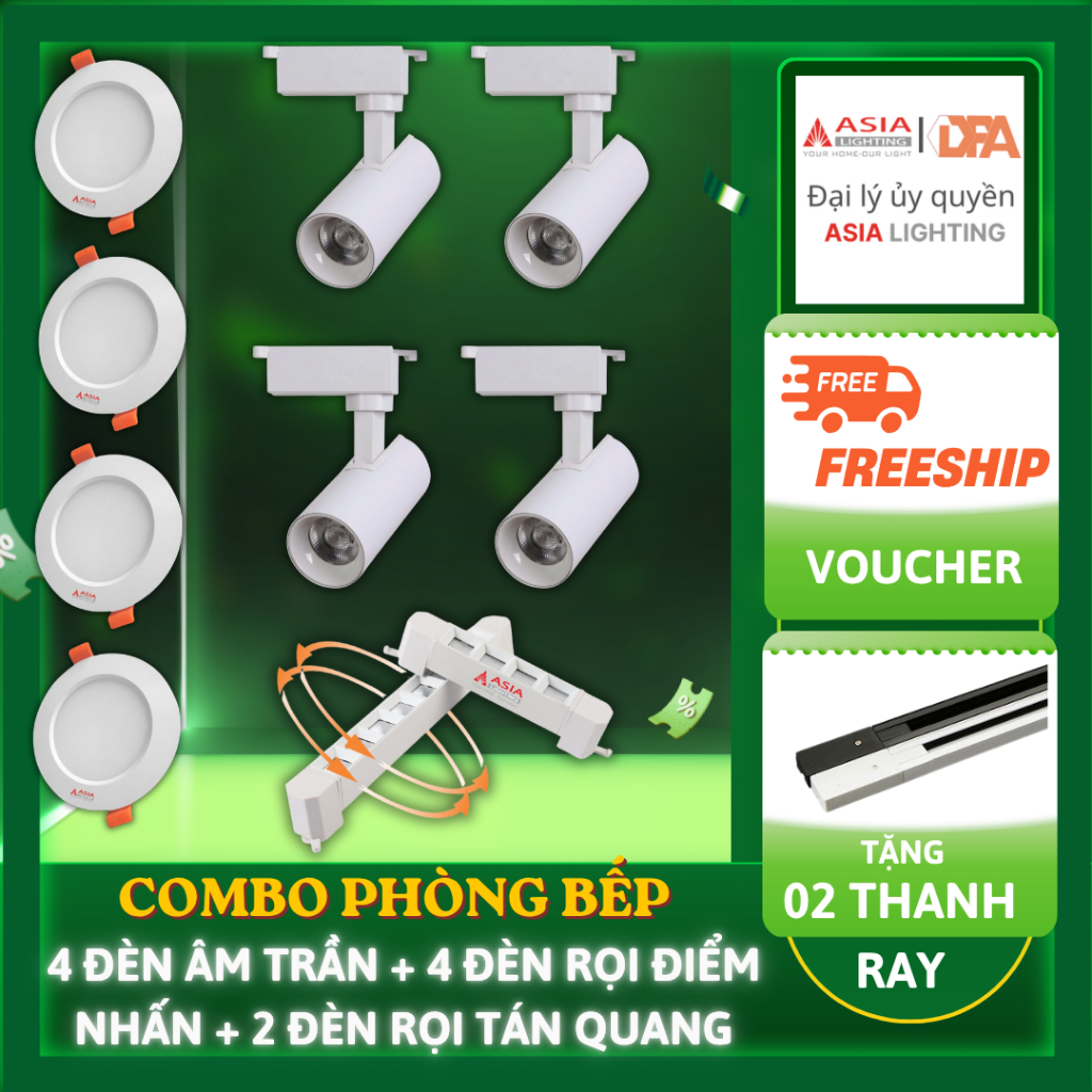 [TẶNG 2 THANH RAY]Combo Đèn Trần Phòng Bếp Điểm Nhấn : 4 Đèn âm trần tán quang + 4 Đèn Rọi Ray + 2 Đ