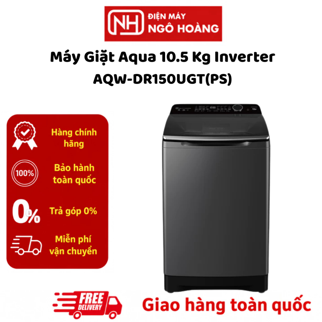 Máy Giặt Lồng Đứng Aqua AQW-DR150UGT PS 15 Kg, Màu Đen Xám, Có Tính Năng Chống Nhăn và Khóa Trẻ Em