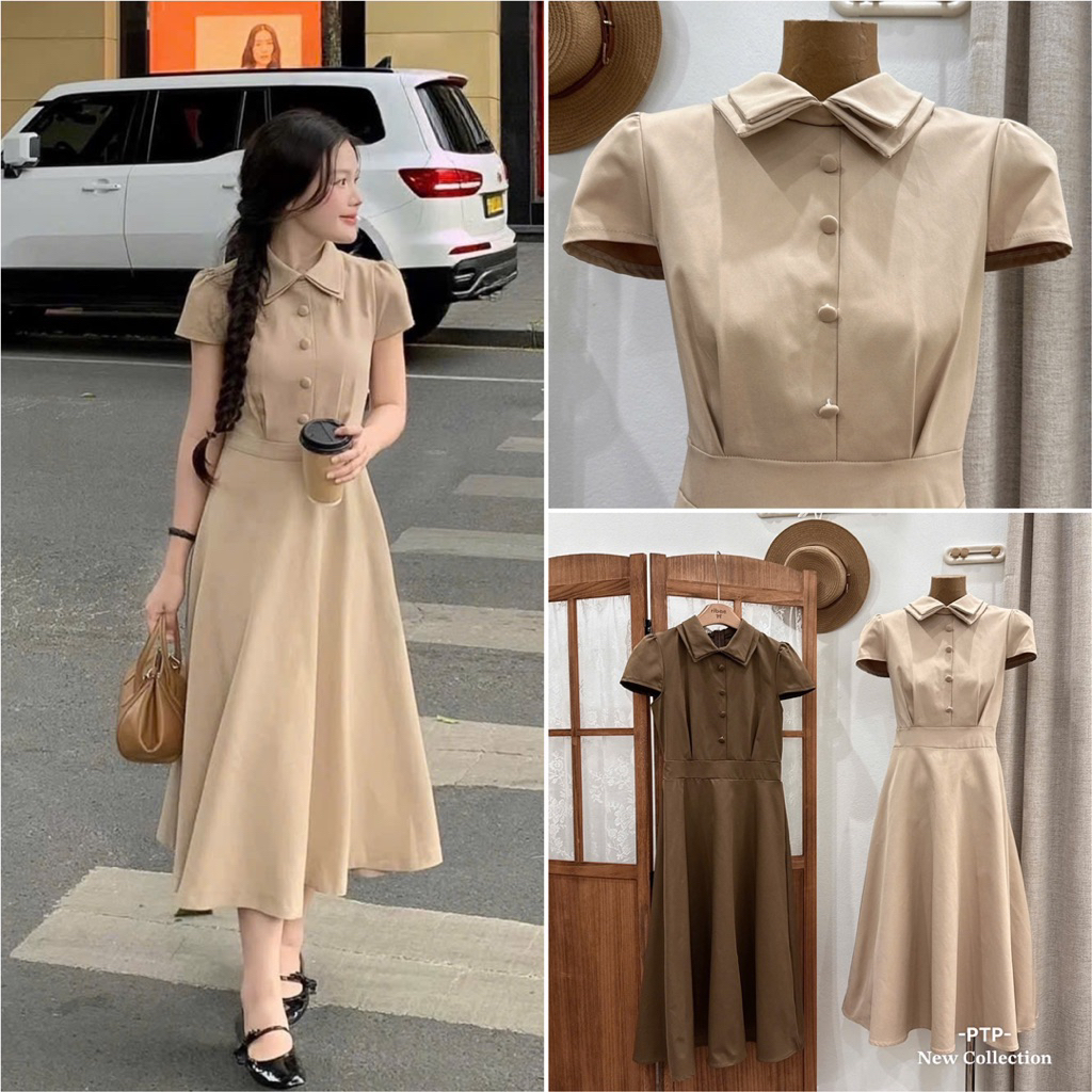 [V1.1246] Váy Kaki Khuy Bọc Tiểu Thư Dáng Dài - Ảnh Thật Chính Chủ PTP STORE