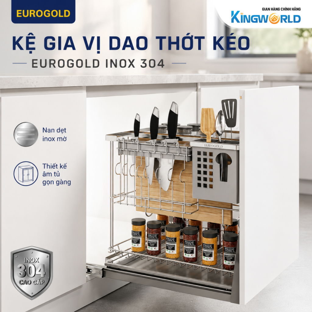 Kệ Đựng Gia Vị Dao Thớt Kéo Tủ Bếp Eurogold Inox 304 Nan Dẹt Inox Mờ, Phụ Kiện Tủ Bếp Thông Minh Cao
