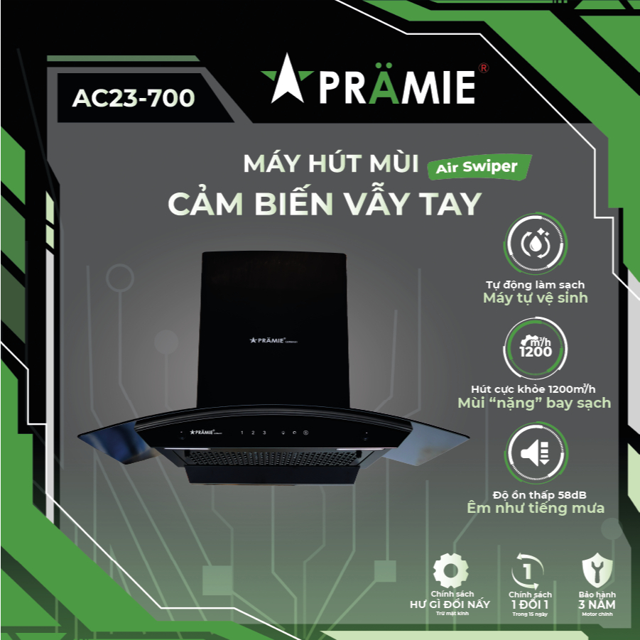 Hút mùi kính cong PRAMIE AC23-700 1200m3/giờ Chức năng tự động làm sạch Bảo hành chính hãng 36 tháng