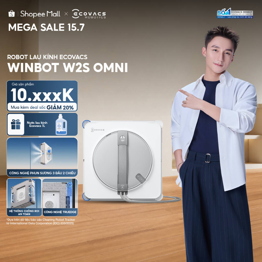 Robot lau kính Ecovacs Winbot W2S Omni 2027 - Trạm đa năng - Chống rơi an toàn - Lực hút tối đa 8000
