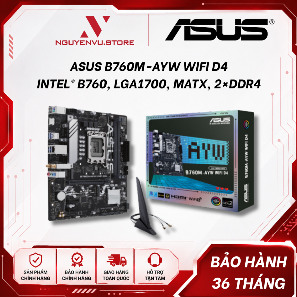 Mainboard ASUS B760M-AYW WIFI D4, B760M-AYW WIFI - Intel® B760, LGA1700, mATX, 2×DDR4/DDR5 - Hàng ch