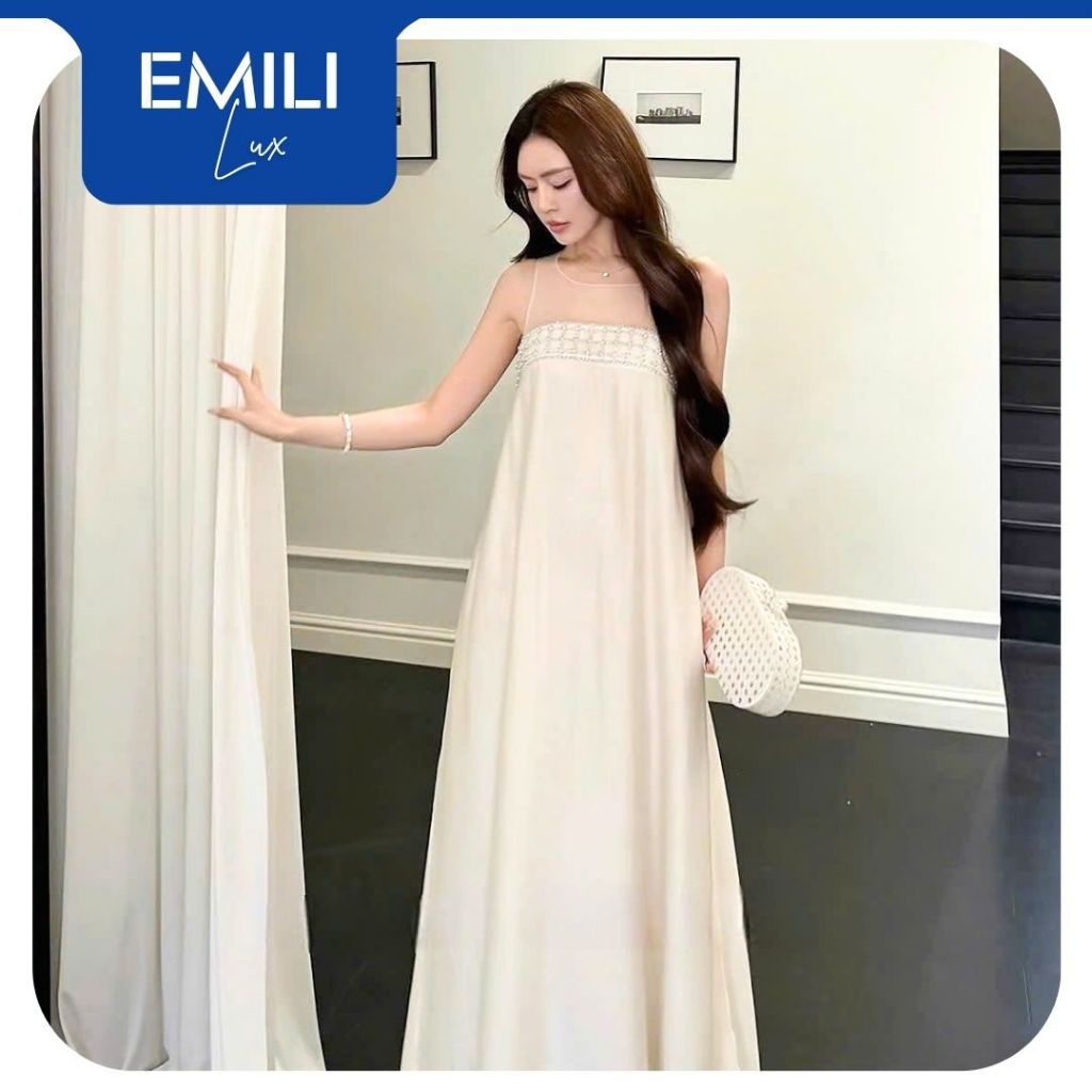 Váy maxi dáng suông tơ lụa xẻ tà phối cườm nổi Emili Lux tiểu thư, thanh lịch thiết kế basic V578
