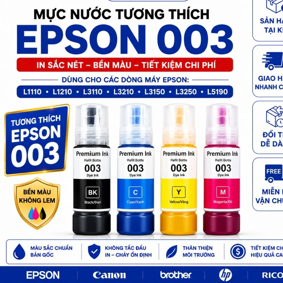 Mực Nước tương thích UNI Ink Epson 003 Cho L1110 L1210 L3110 L3210 L3150 L3250 L5190 Màu Sắc Chuẩn I