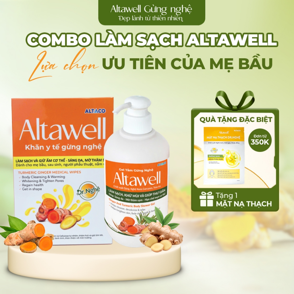 Combo Làm Sạch Altawell Khăn Y Tế Gừng Nghệ & Gel Tắm Gừng Nghệ Hỗ Trợ Làm Sạch, Khử Mùi, Hỗ Trợ Sán