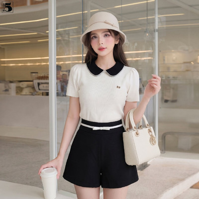 Set áo thun nữ Twentyfive cổ sen, tay ngắn dáng ôm AL66 và quần short phối viền QL48 (Tách set)