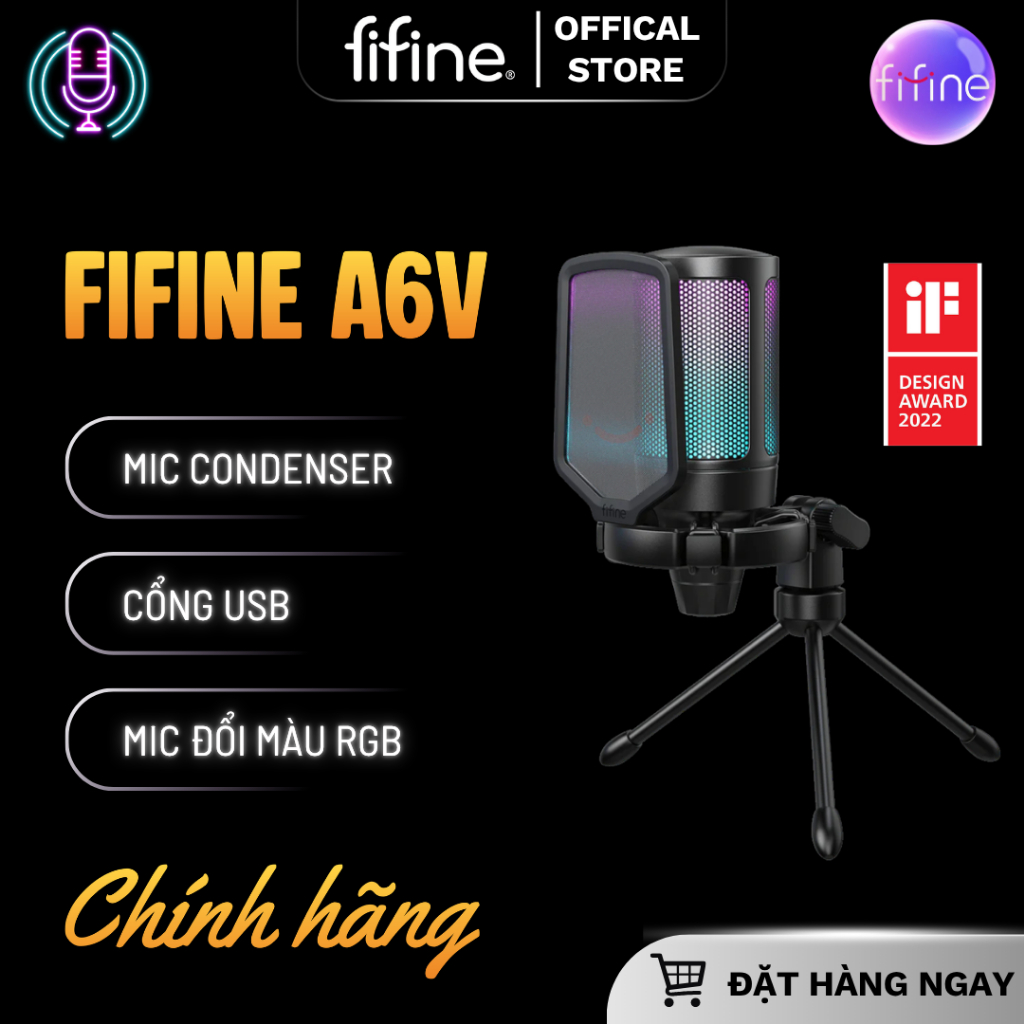 FIFINE A6V Mic thu âm Condenser, đổi màu RGB, cổng kết nối USB cho PC/Laptop - HÀNG CHÍNH HÃNG