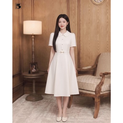 Đầm nữ Twentyfive ngắn tay, cổ bèo 4 cúc ngực, có dây đai eo DM19