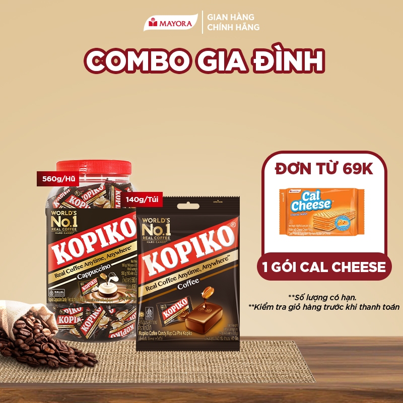 Combo Gia Đình: 1 Hũ Kẹo Kopiko Cà Phê Sữa (Cappuccino) 560G + 1 Kẹo Kopiko Cà Phê Đen (Coffee) 140G