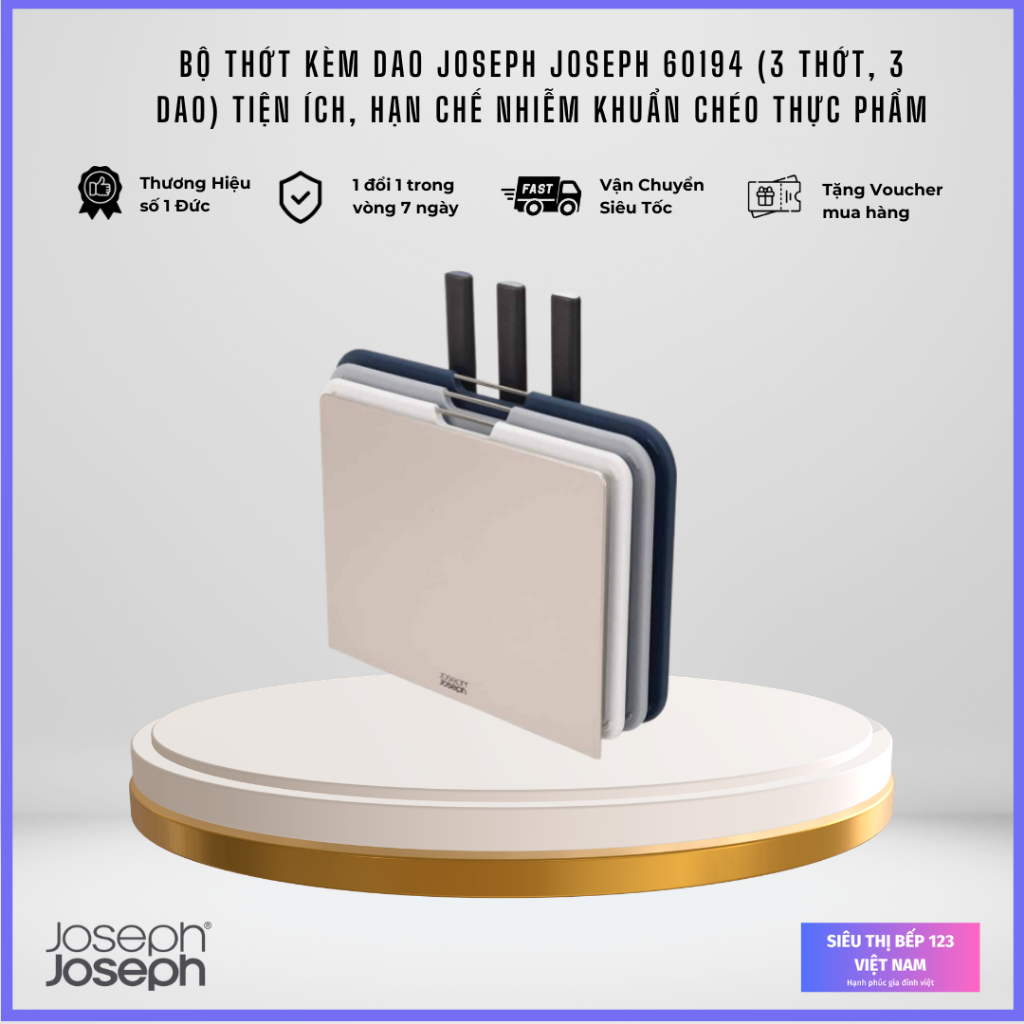 Bộ thớt kèm dao Joseph Joseph 60194 (3 thớt, 3 dao) tiện ích, hạn chế nhiễm khuẩn chéo thực phẩm
