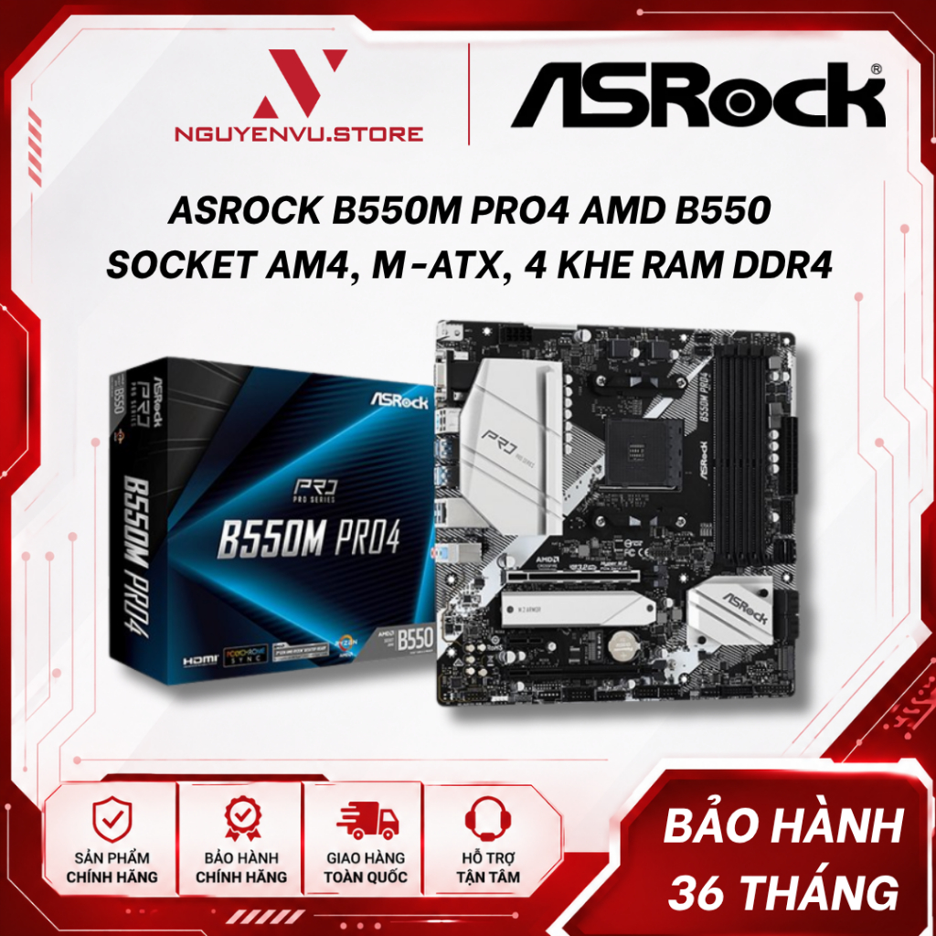 Mainboard Asrock B550M Pro4 (AMD B550, SOCKET AM4, M-ATX, 4 KHE RAM DDR4) - Hàng Chính Hãng