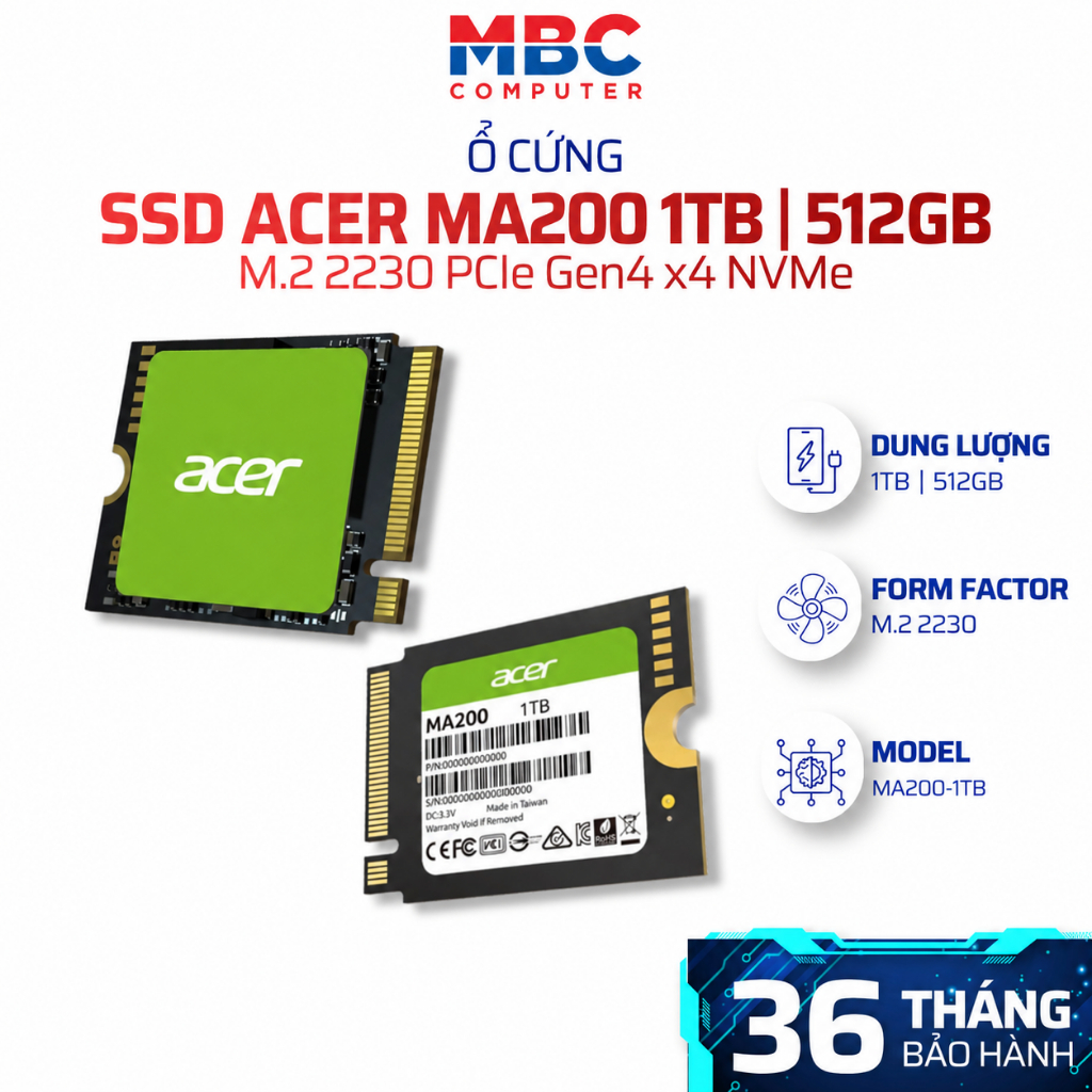 Ổ Cứng SSD Acer MA200 M.2 2230 PCIe Gen4 x4 NVMe 512GB/1TB Chính Hãng BH 3 Năm