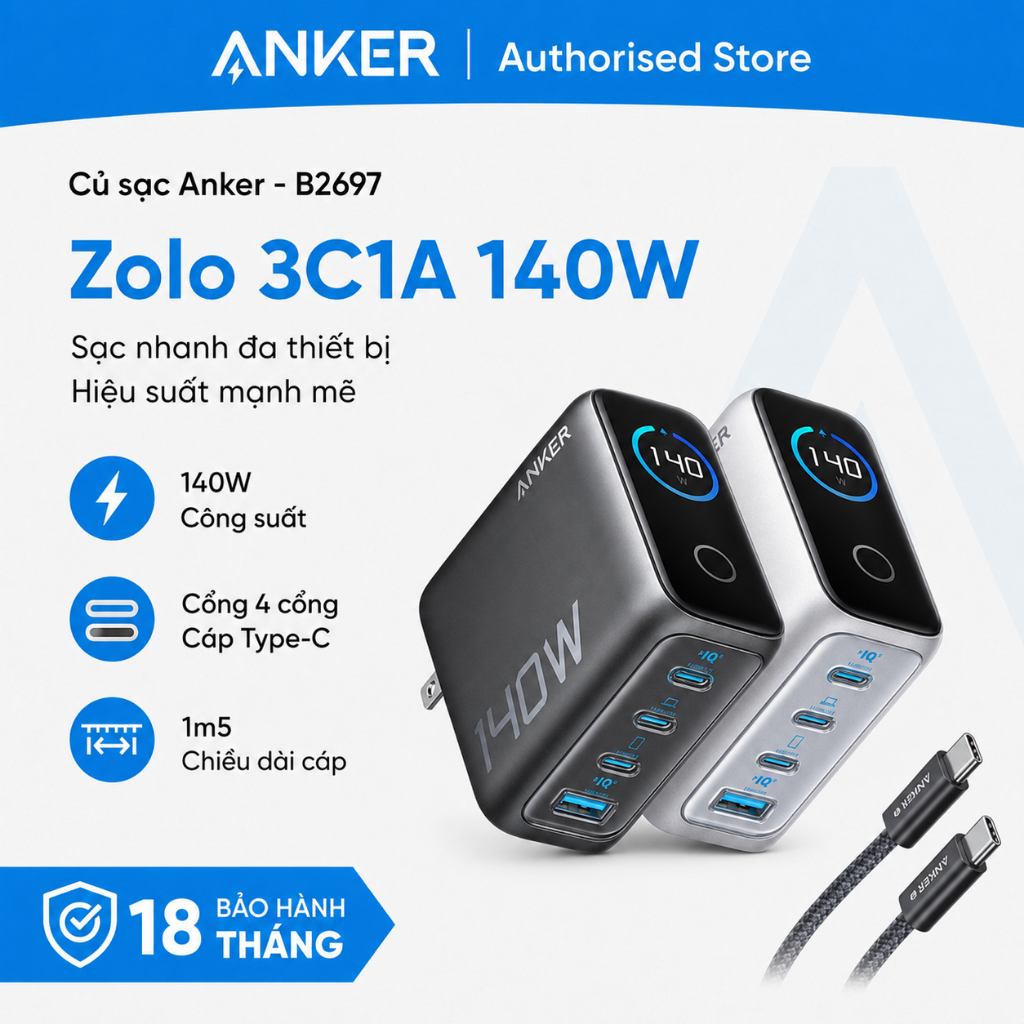 Củ sạc Anker Zolo 3C1A 140W (with USB-C Cable) - B2697 - Hàng chính hãng - Bảo hành 18 tháng | BigBuy360 - bigbuy360.vn
