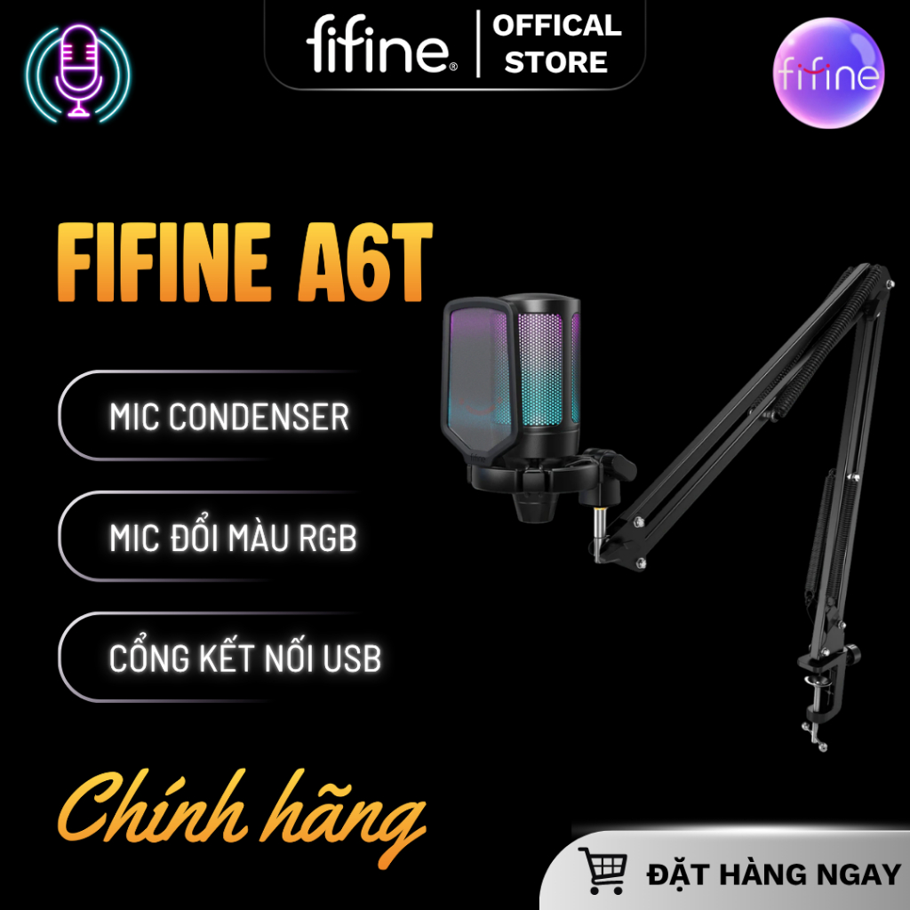 FIFINE A6T Mic thu âm đổi màu RGB dành cho PC/Laptop tặng kèm Boom arm - HÀNG CHÍNH HÃNG