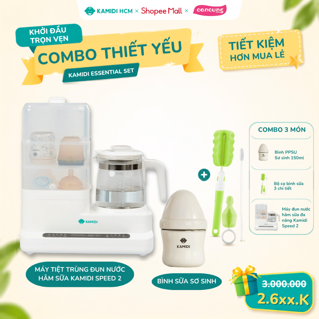 Combo Thiết Yếu Kamidi Essential Set - Máy Tiệt Trùng Đa Năng Kamidi Speed 2 & Bình Sữa PPSU Gen 2 1