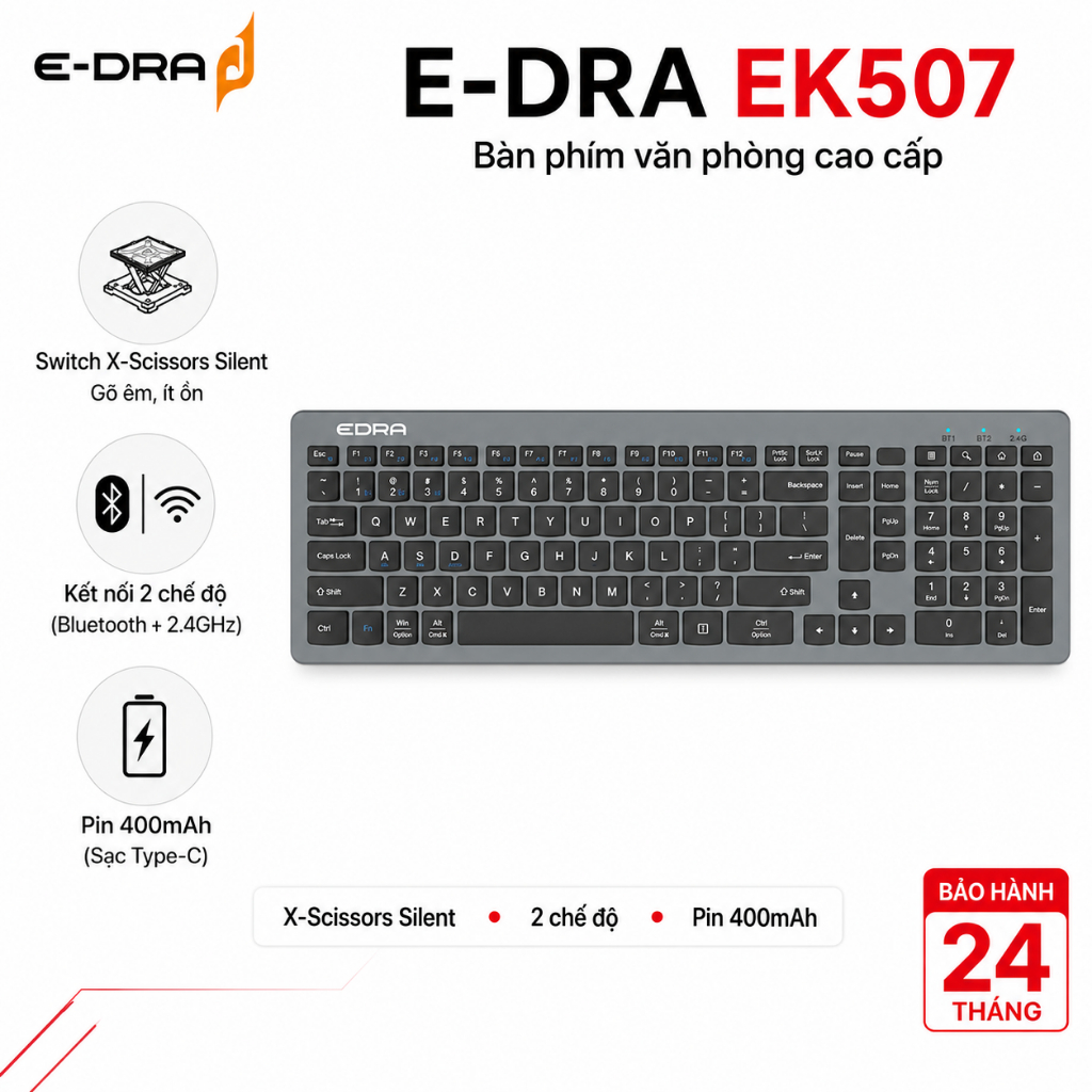 Bàn phím văn phòng không dây E-Dra EK507 – 104 phím, X-Scissors Silent, pin 400mAh – Chính hãng