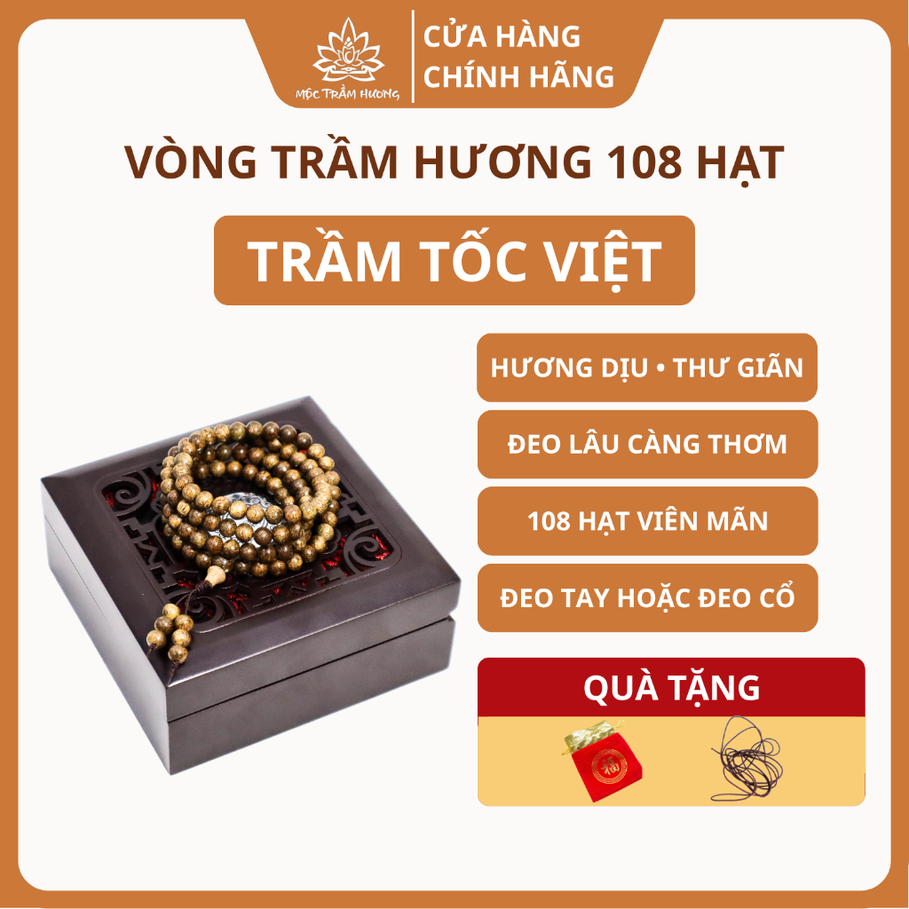Vòng Tay Trầm Hương Chuỗi Tràng 108 Hạt 6/7/8 mm Trầm Tốc Việt - Mộc Trầm Hương MTH