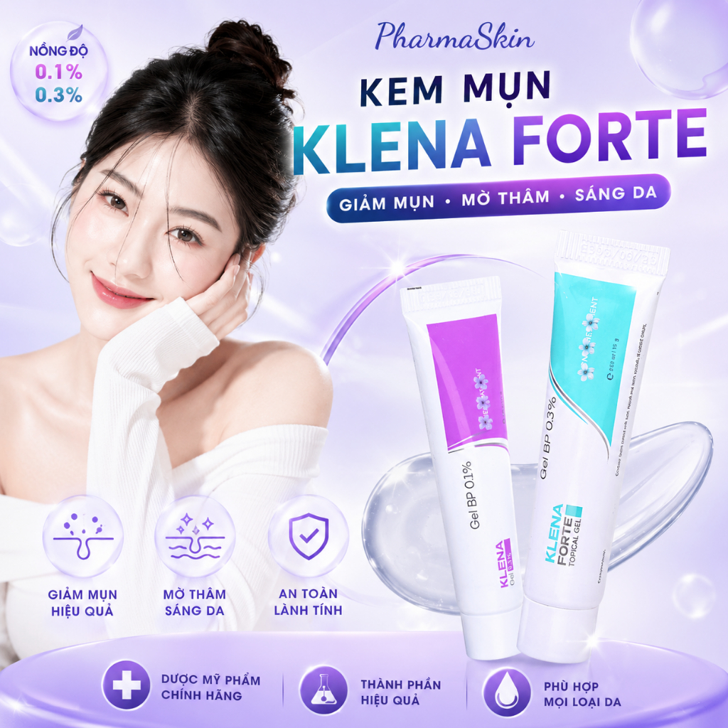 Gel Giảm Mụn Klena Forte Adapalene 0.1% 0.3%, Kem Mụn Hỗ Trợ Mụn Ẩn, Mụn Trứng Cá, Mụn Đầu Đen, Mờ T