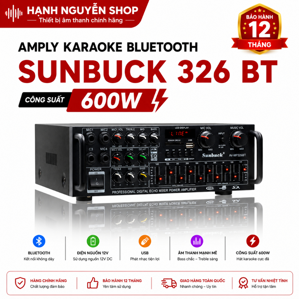 Âm Ly Karaoke Bluetooth Sunbuck 326BT – Công Suất Mạnh | Hỗ Trợ 12V & 220V | Hát Karaoke Gia Đình