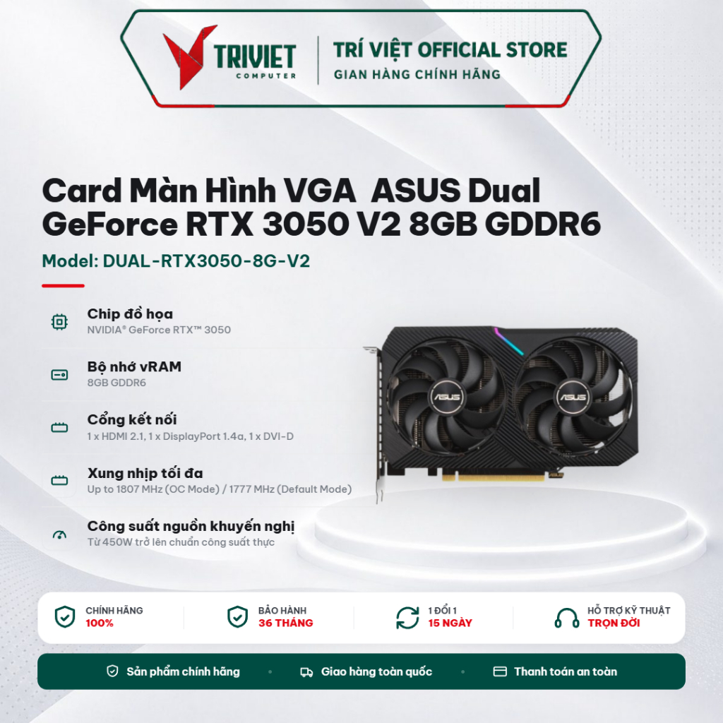 Card Màn Hình VGA  ASUS Dual GeForce RTX 3050 V2 8GB GDDR6 DUAL-RTX3050-8G-V2 PCIe 4.0 HDMI DisplayP
