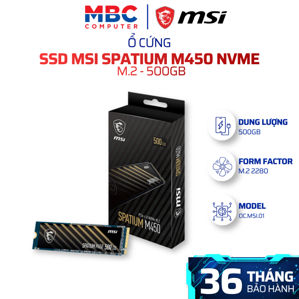 SSD MSI SPATIUM M450 500GB NVMe M.2 PCIe Gen4 x4 2280 - Đọc 3600MB/s - Bảo hành chính hãng 5 năm