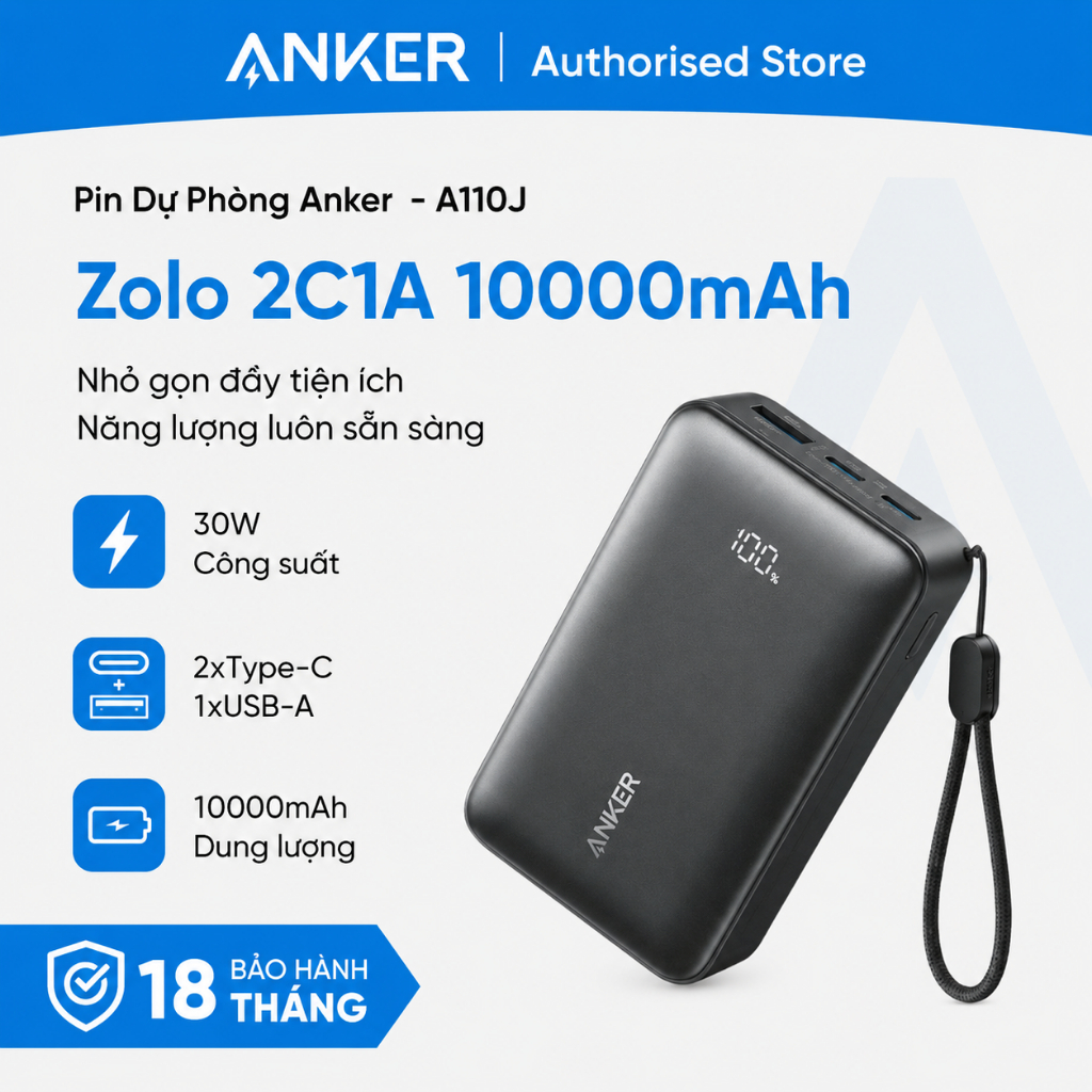 Pin Sạc Dự Phòng Anker Zolo 2C1A 10000 30W - A110J - Hàng chính hãng - Bảo hành 18 tháng