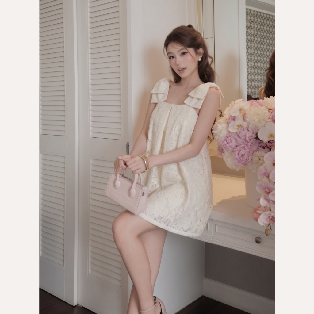 Váy ren nữ hoa ép phối nơ vai tiểu thư, Váy suông babydoll đi chơi đi tiệc sang chảnh Linly Store V-DNO | BigBuy360 - bigbuy360.vn
