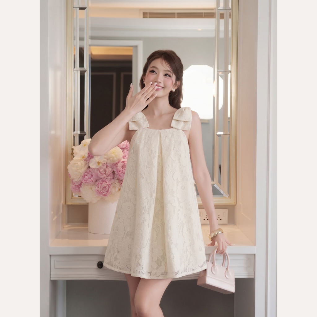 Váy ren nữ hoa ép phối nơ vai tiểu thư, Váy suông babydoll đi chơi đi tiệc sang chảnh Linly Store V-DNO