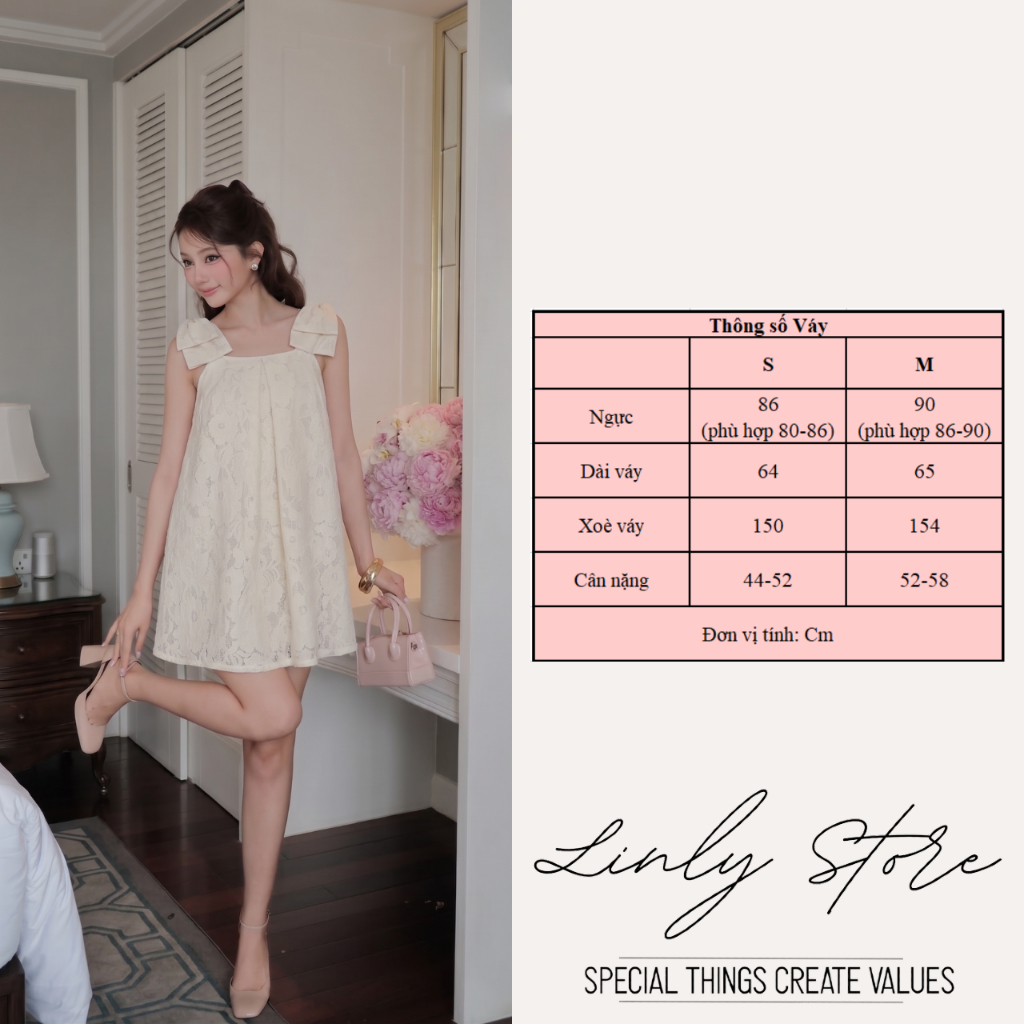 Váy ren nữ hoa ép phối nơ vai tiểu thư, Váy suông babydoll đi chơi đi tiệc sang chảnh Linly Store V-DNO | BigBuy360 - bigbuy360.vn