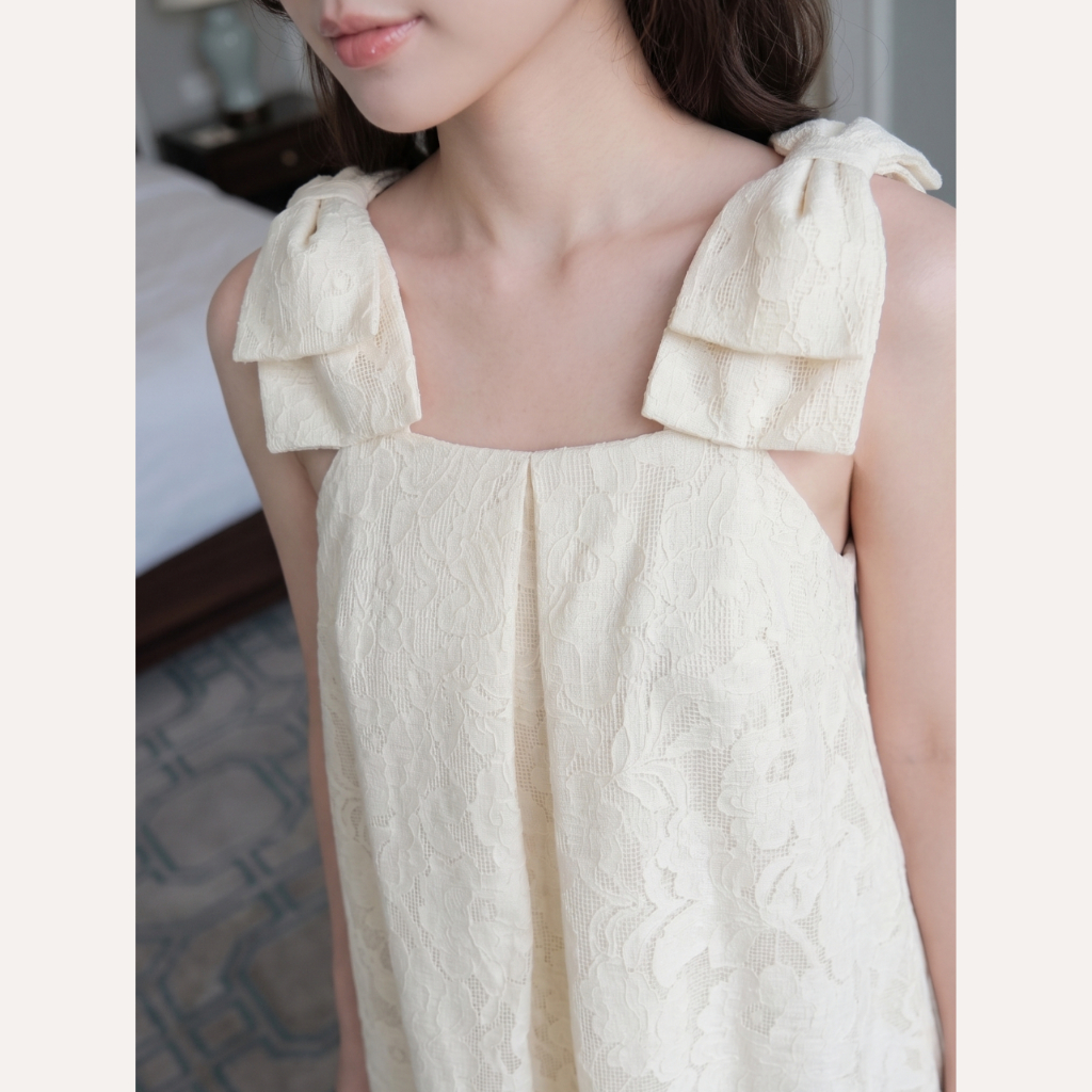 Váy ren nữ hoa ép phối nơ vai tiểu thư, Váy suông babydoll đi chơi đi tiệc sang chảnh Linly Store V-DNO | BigBuy360 - bigbuy360.vn