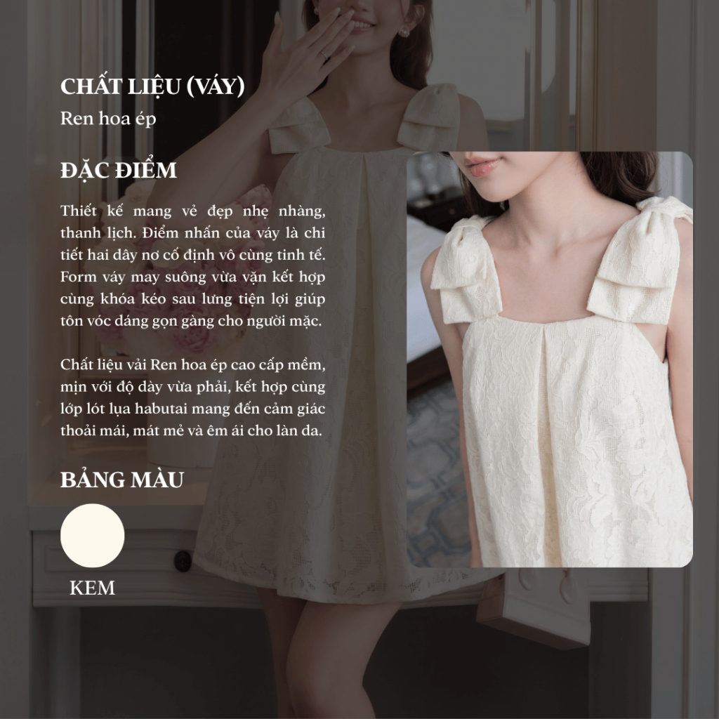 Váy ren nữ hoa ép phối nơ vai tiểu thư, Váy suông babydoll đi chơi đi tiệc sang chảnh Linly Store V-DNO | BigBuy360 - bigbuy360.vn