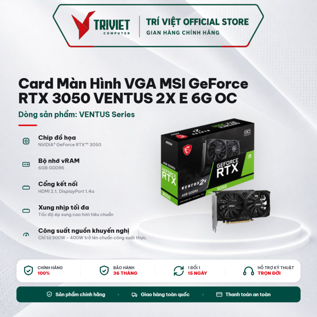 Card Màn Hình VGA MSI GeForce RTX 3050 VENTUS 2X E 6G OC 6GB GDDR6 PCIe 4.0 HDMI DisplayPort