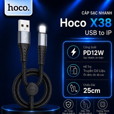 Cáp sạc nhanh PD12W USB to IP Hoco X38 hỗ trợ truyền dữ liệu dùng cho 14 trở xuống, dài 25CM