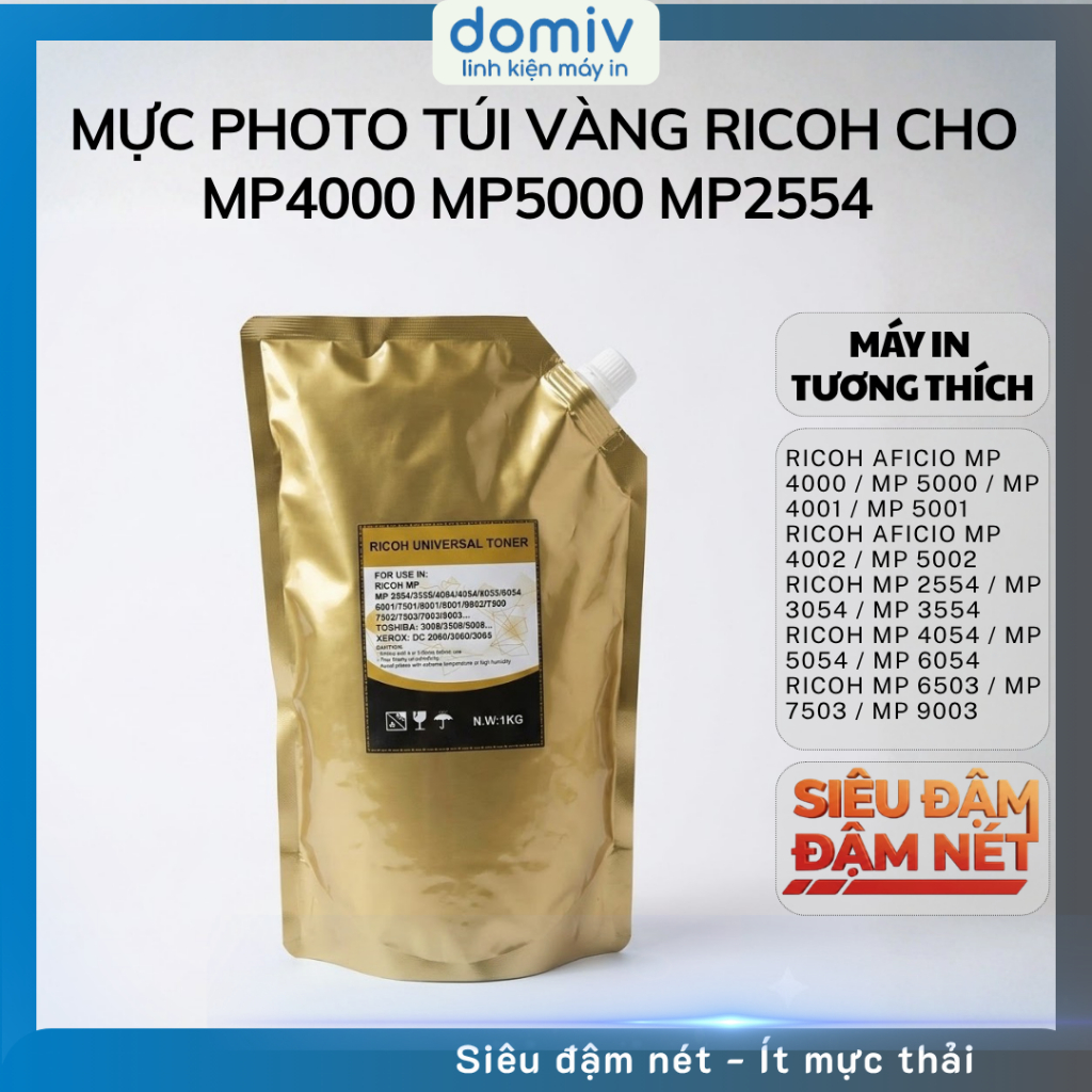 Mực Photo Túi Vàng Ricoh Cho MP4000 MP5000 MP2554 MP3054 MP5054 MP6054 In Đậm Sạch Nền Ít Hao DOMIV