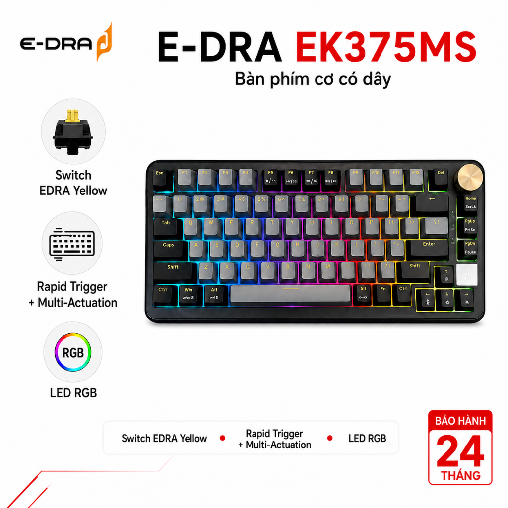 Bàn phím gaming có dây E-Dra EK375MS – Yellow Switch, Rapid Trigger, RGB, Gasket – Chính hãng