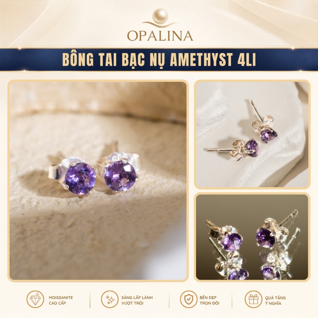 Bông Tai Nữ Bạc S925 Nụ Đính Đá Amethyst 4 li - Kèm Kiểm Định Khuyên Tai Xi Bạch Kim