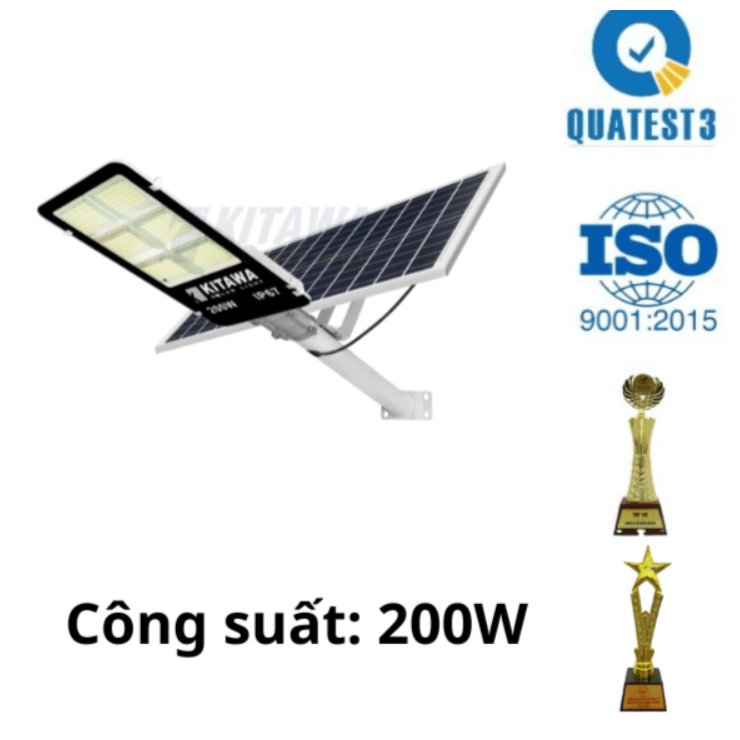 Đèn Đường Năng Lượng Mặt Trời KITAWA Vỏ Nhôm 200W BC1200 Chính Hãng – Chống Nước IP67 (Đã Bao Gồm VA