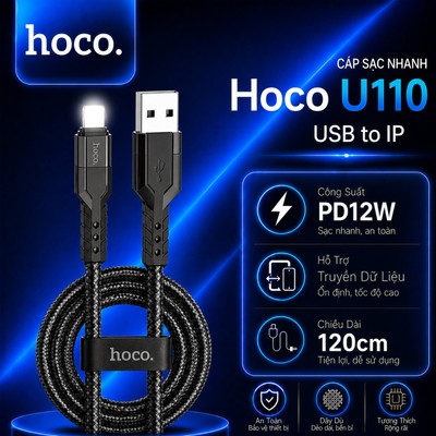 Cáp sạc nhanh PD12W USB to IP Hoco U110 truyền dữ liệu ,dùng cho ip14 trở xuống, vải dù chống rối dài 120cm