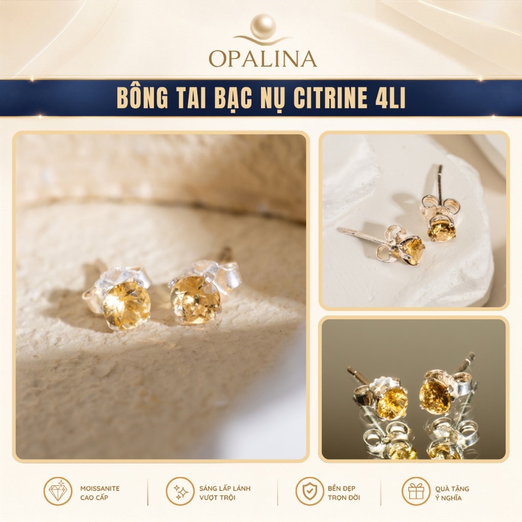 Bông Tai Nữ Bạc S925 Nụ 3 Cánh Hoa Đính Đá Citrine 4 li Kèm Kiểm Định Khuyên Tai Không Đen