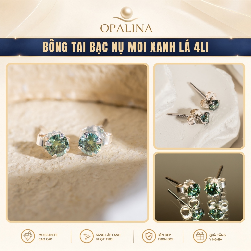 Bông Tai Nữ Bạc S925 Nụ Đính Đá Moissanite Xanh Lá 4 li Kèm GRA Khuyên Tai Xi Bạch Kim
