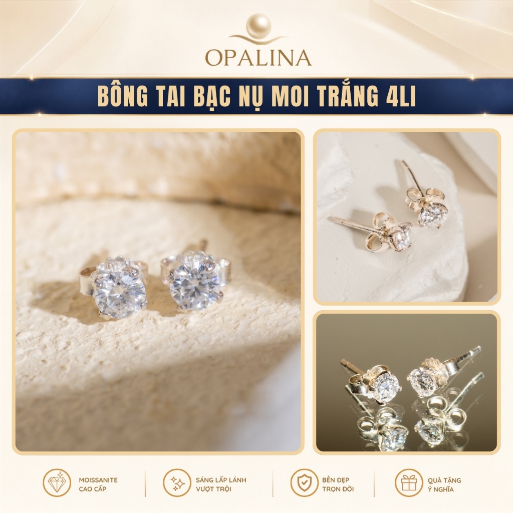 Bông Tai Nữ Bạc S925 Nụ Đính Đá Moissanite Trắng 4 li Kèm GRA Khuyên Tai Xi Bạch Kim